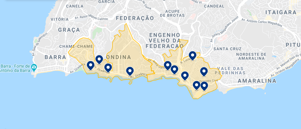 Mapa de regiões turísticas em Salvador